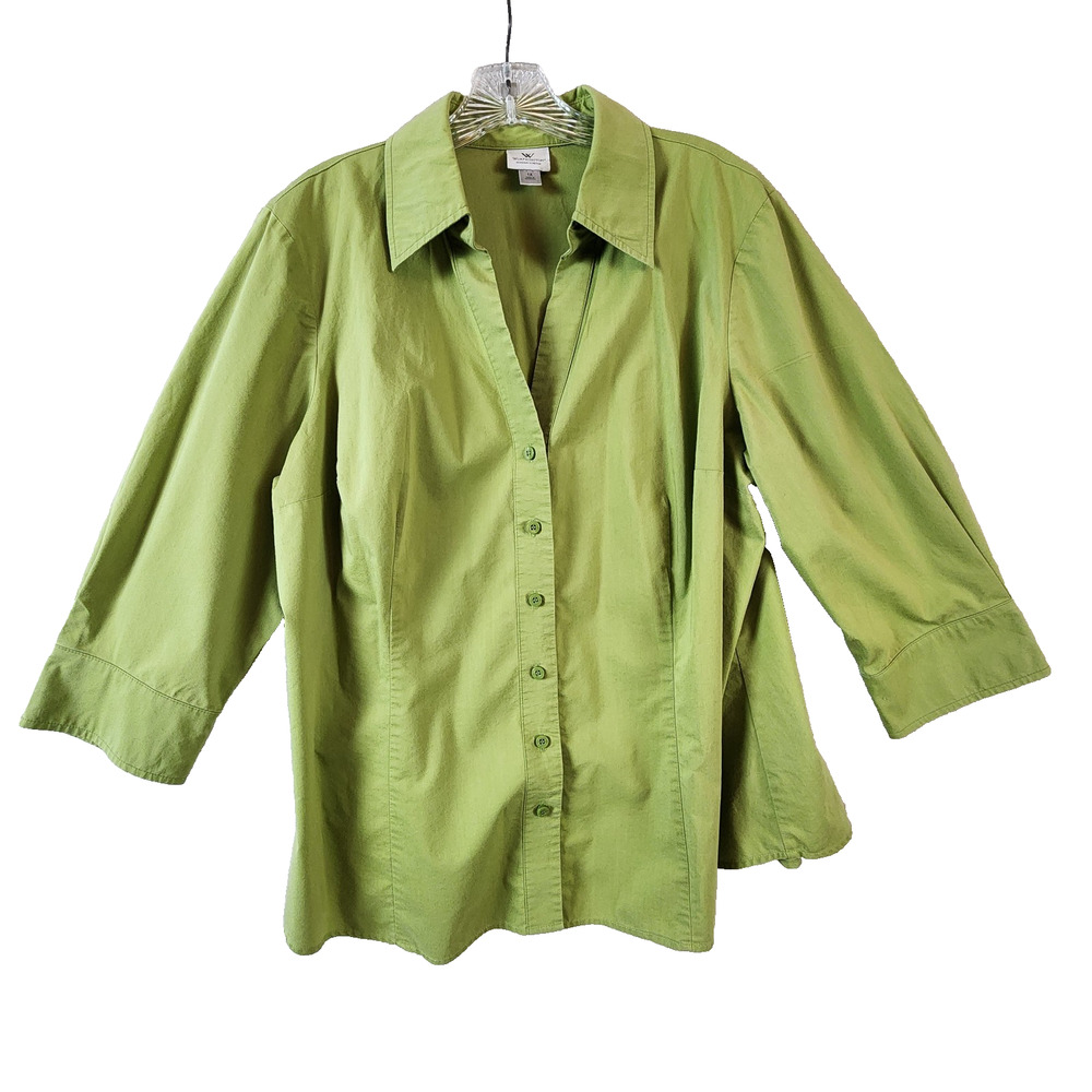 Worthington Stretch Button Up Long Sleeve Blouse Green Size 1X